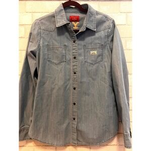 Kimes Ranch Yellowstone Denim Shirt Womens Large Blue Cone Denim Button Up